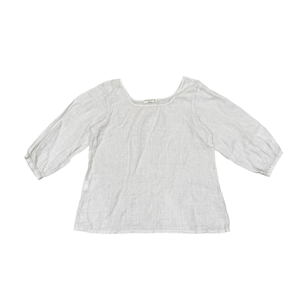 Terzo Millennio Italy 100% Linen Scoop Neck‎ Balloon Sleeve Blouse White Medium